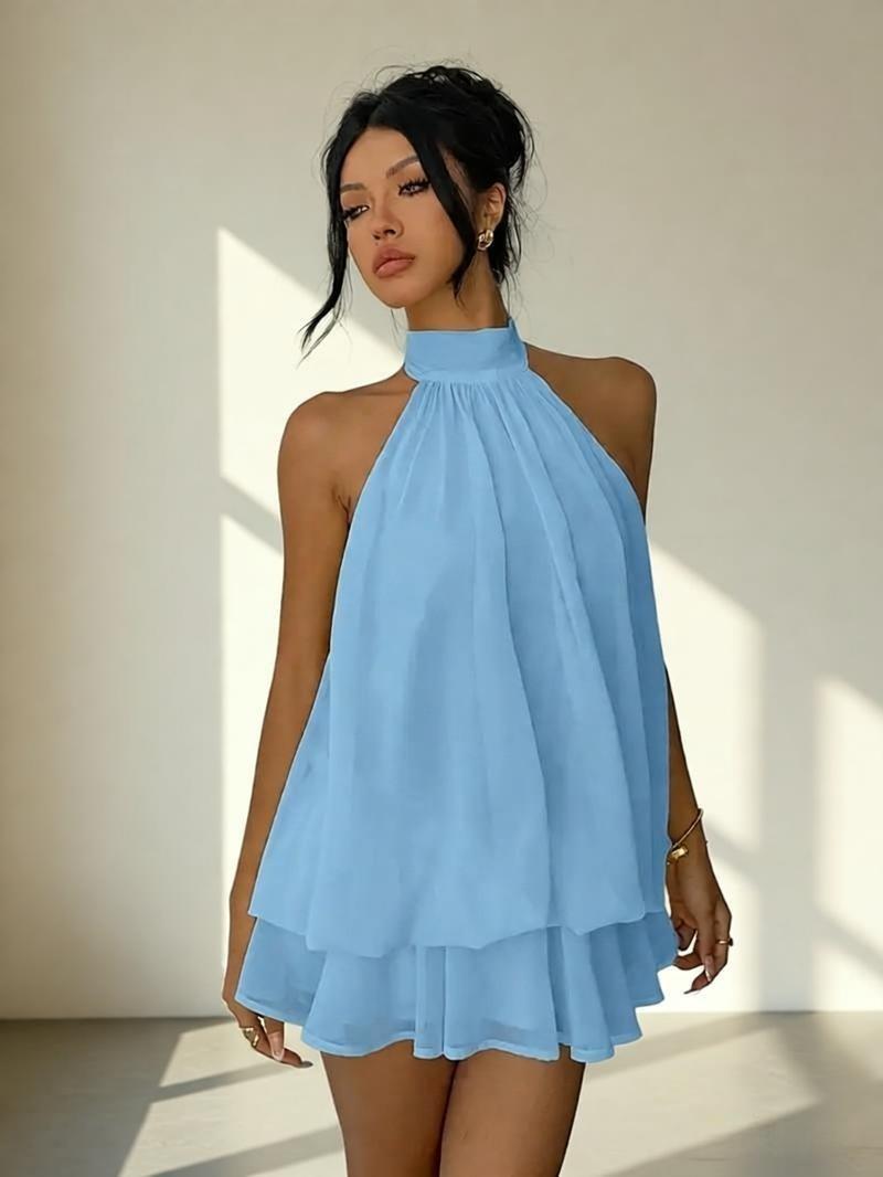 Women's Chiffon Halter Mini Dress – High-Waist Open-Back