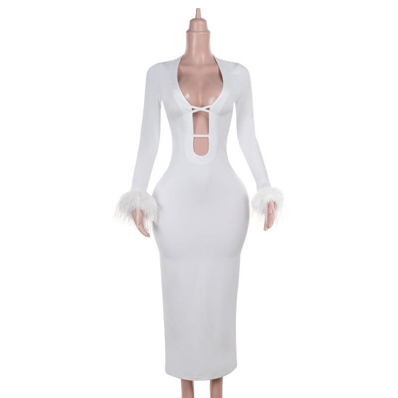New sexy White Feather Long Dress