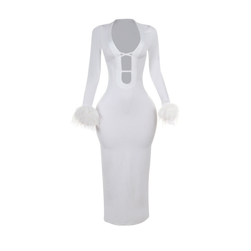 New sexy White Feather Long Dress