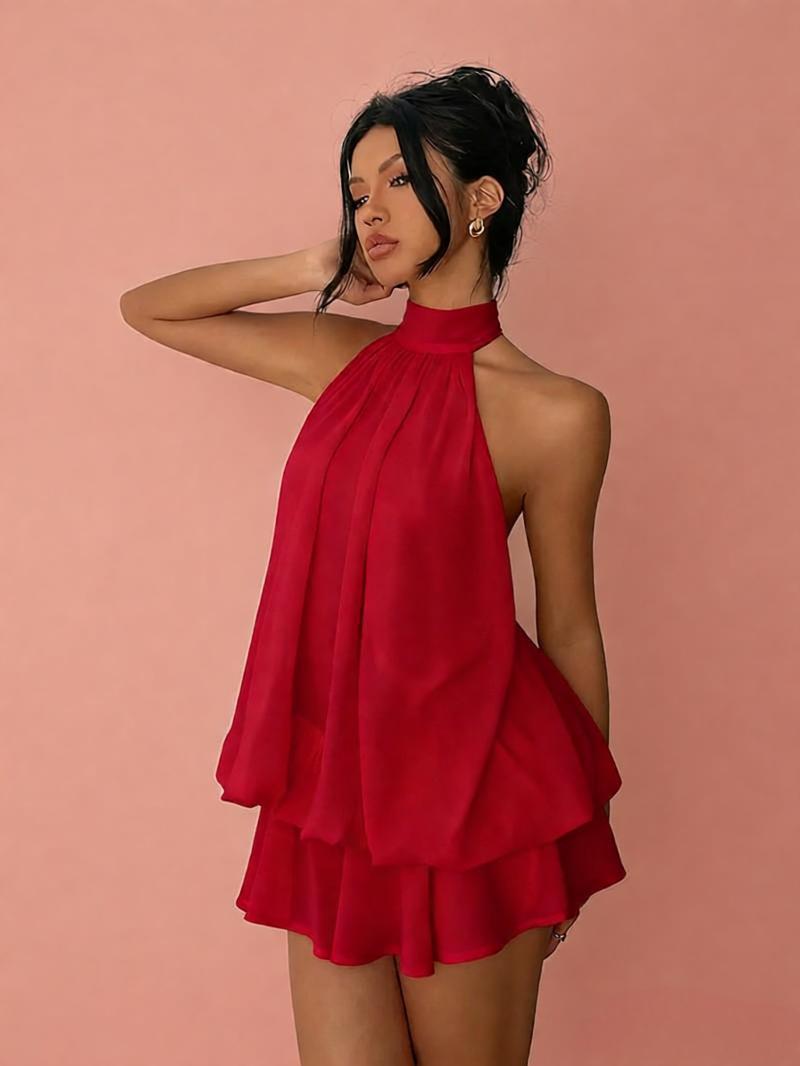 Women's Chiffon Halter Mini Dress – High-Waist Open-Back
