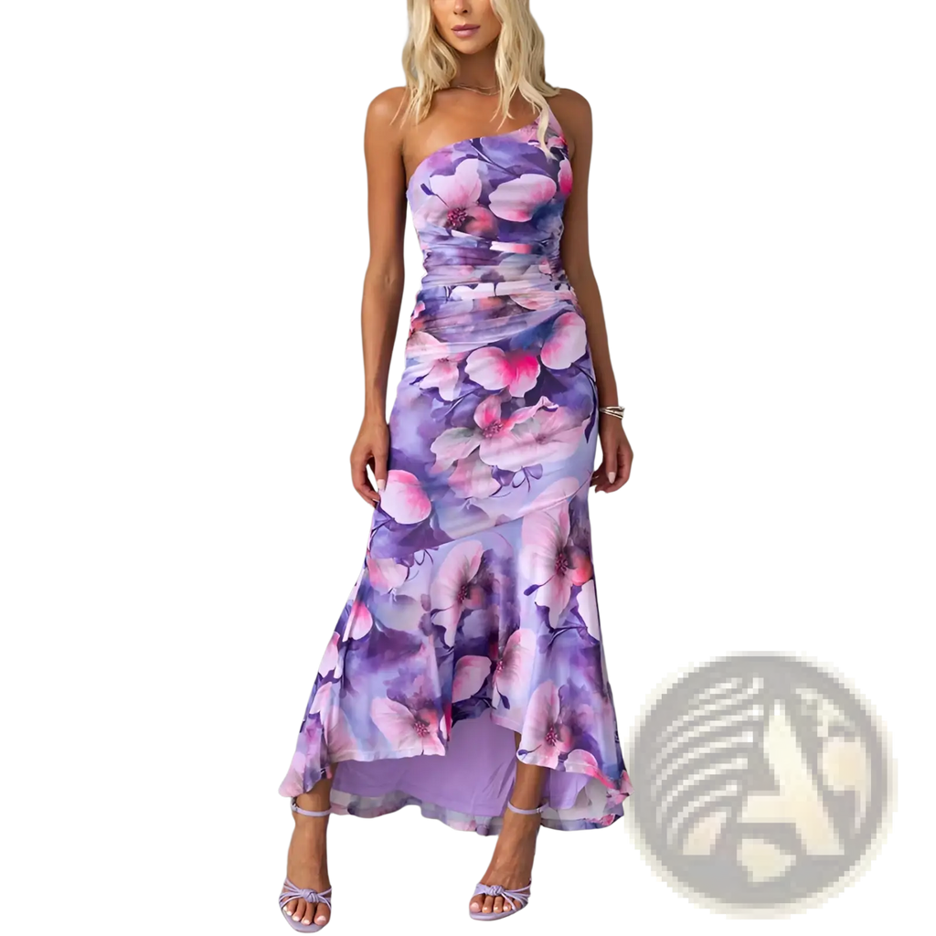 Floral one Shoulder Ruched Asymmetrical Maxi Dress