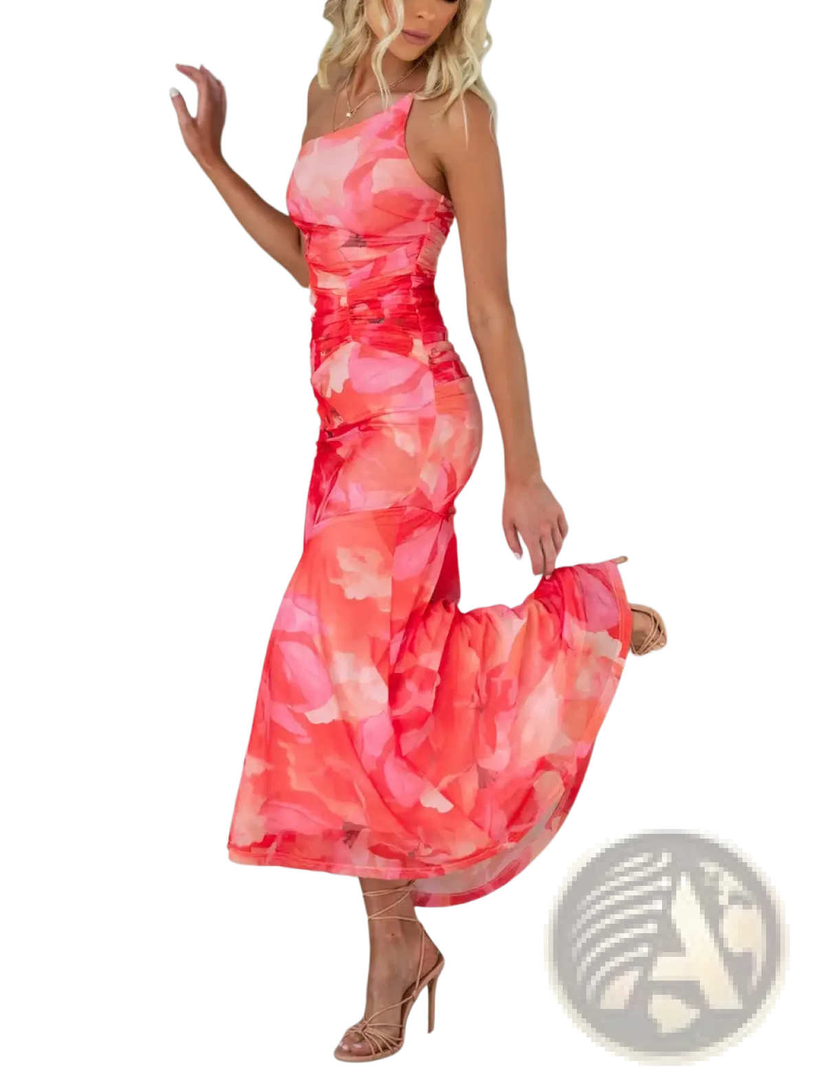 Floral one Shoulder Ruched Asymmetrical Maxi Dress