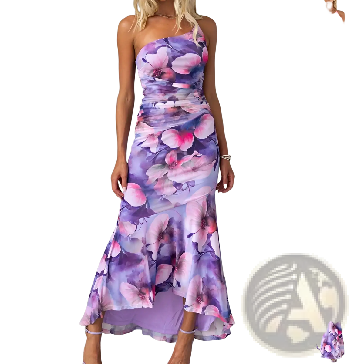 Floral one Shoulder Ruched Asymmetrical Maxi Dress
