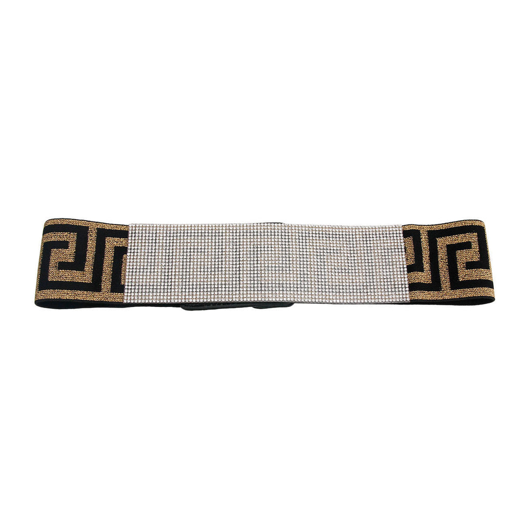 Wide Black Gold Greek Key Stretch Belt for Women Stylish Accessory
