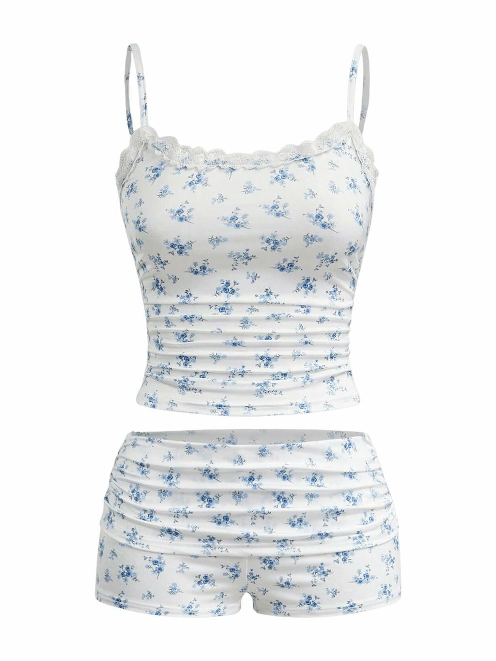 RoseSeek Floral Print Ruched Lace Cami Crop Top & Shorts Set
