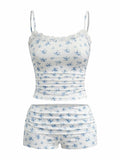RoseSeek Floral Print Ruched Lace Cami Crop Top & Shorts Set