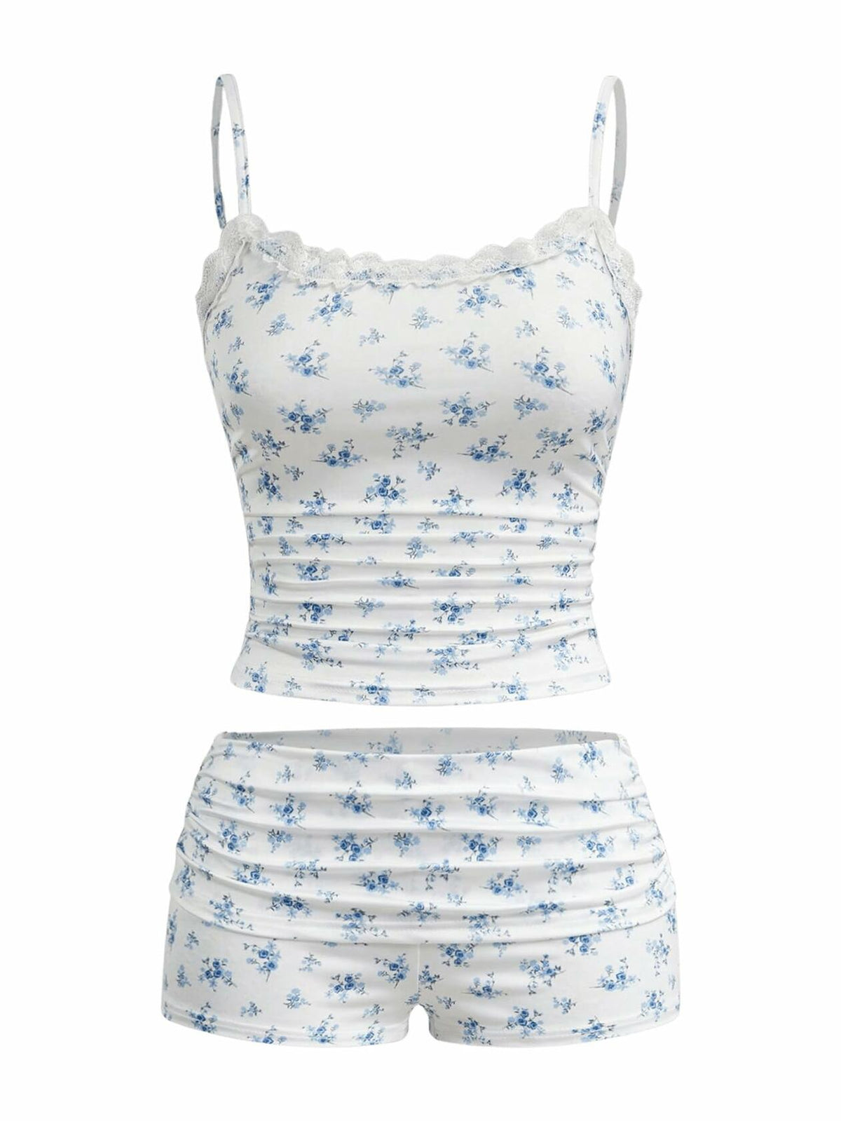 RoseSeek Floral Print Ruched Lace Cami Crop Top & Shorts Set
