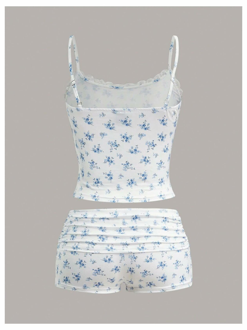 RoseSeek Floral Print Ruched Lace Cami Crop Top & Shorts Set