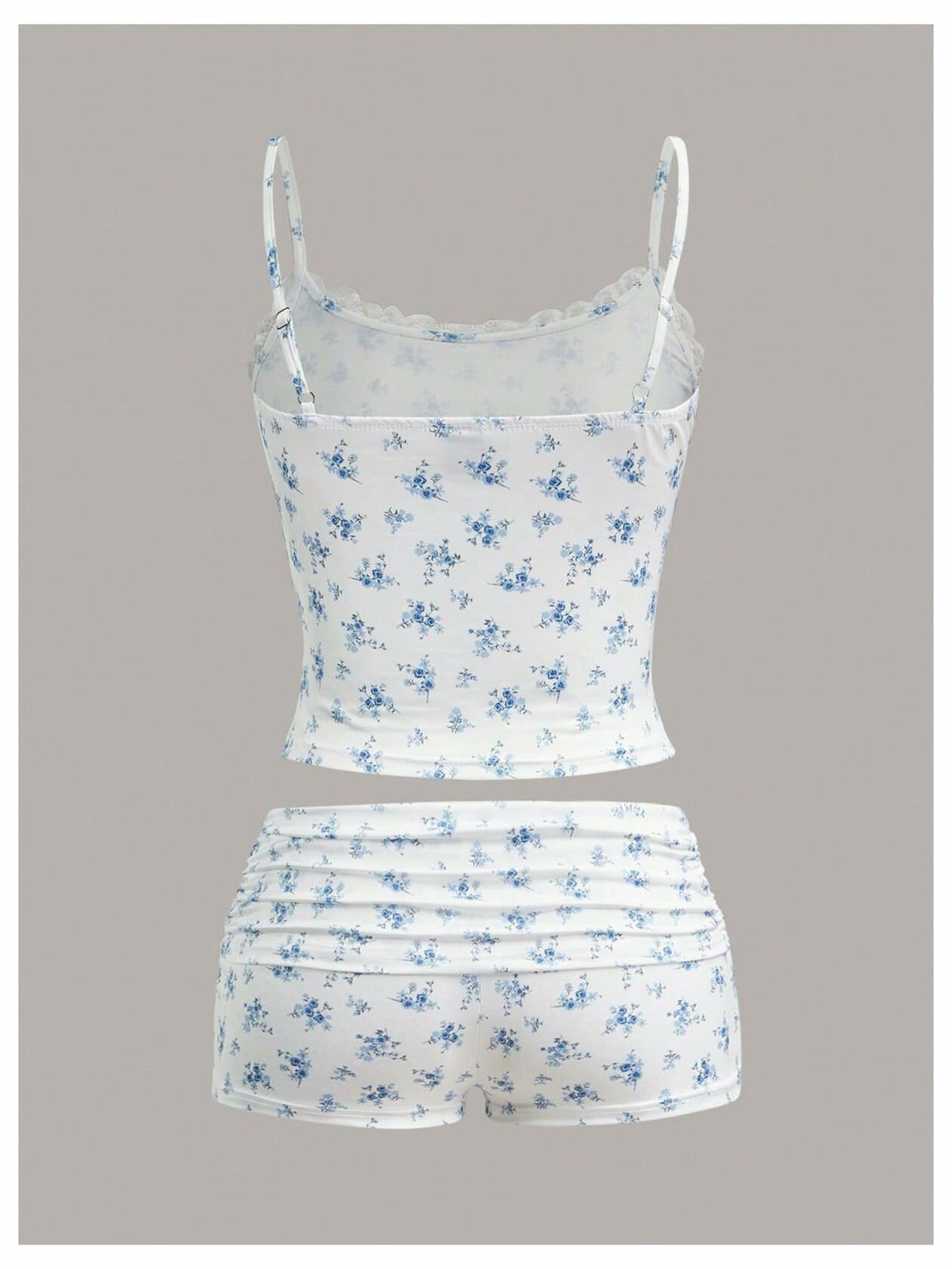 RoseSeek Floral Print Ruched Lace Cami Crop Top & Shorts Set