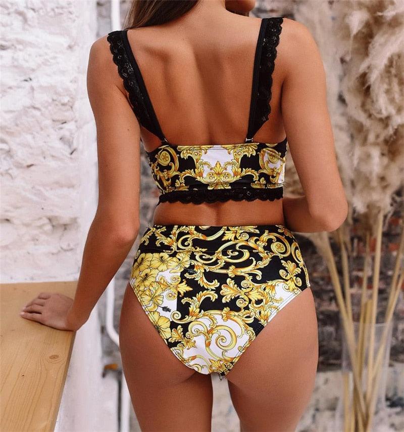 Vintage Black Print Women's Bikini Set Women's Halter Beautiful Print High Waist Swimsuit