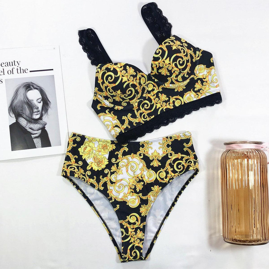 Vintage Black Print Women's Bikini Set Women's Halter Beautiful Print High Waist Swimsuit