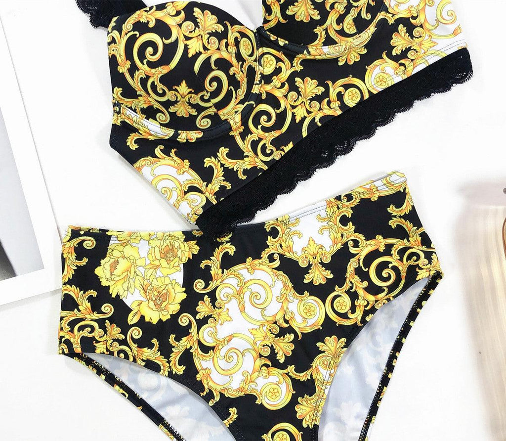 Vintage Black Print Women's Bikini Set Women's Halter Beautiful Print High Waist Swimsuit