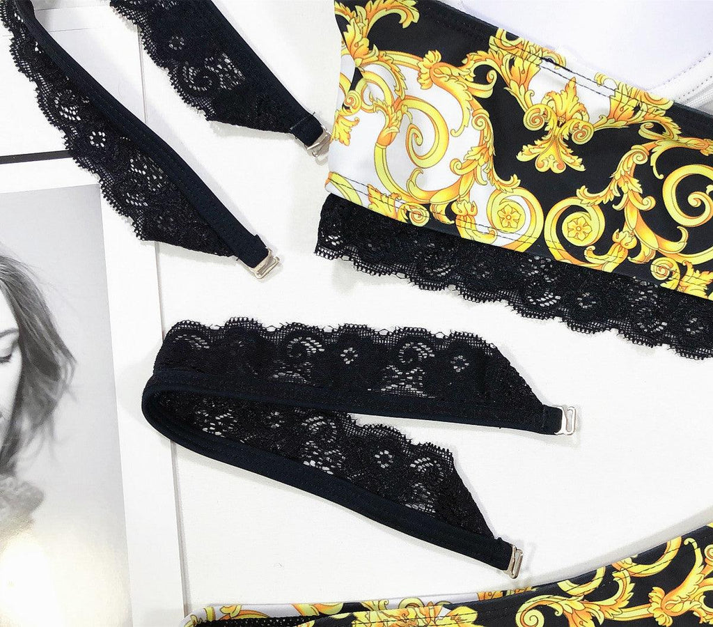 Vintage Black Print Women's Bikini Set Women's Halter Beautiful Print High Waist Swimsuit