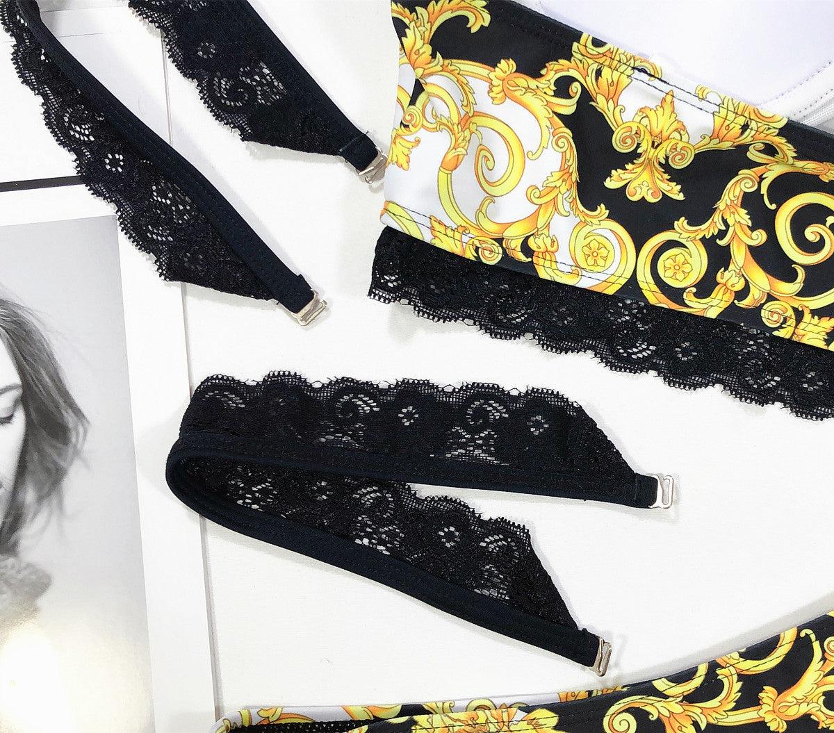 Vintage Black Print Women's Bikini Set Women's Halter Beautiful Print High Waist Swimsuit