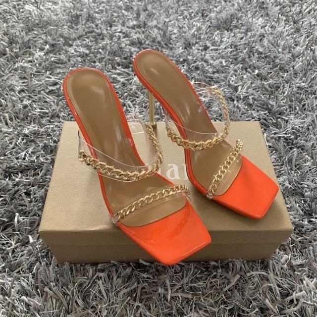 Fashion Chain Woman Open Toe Slip On Dress Luxury Backless Slides High Heels