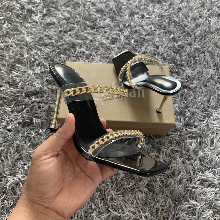 Fashion Chain Woman Open Toe Slip On Dress Luxury Backless Slides High Heels