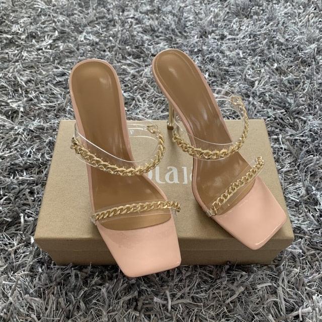 Fashion Chain Woman Open Toe Slip On Dress Luxury Backless Slides High Heels