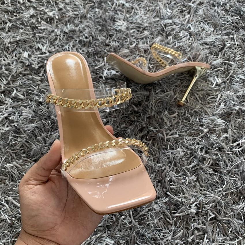 Fashion Chain Woman Open Toe Slip On Dress Luxury Backless Slides High Heels