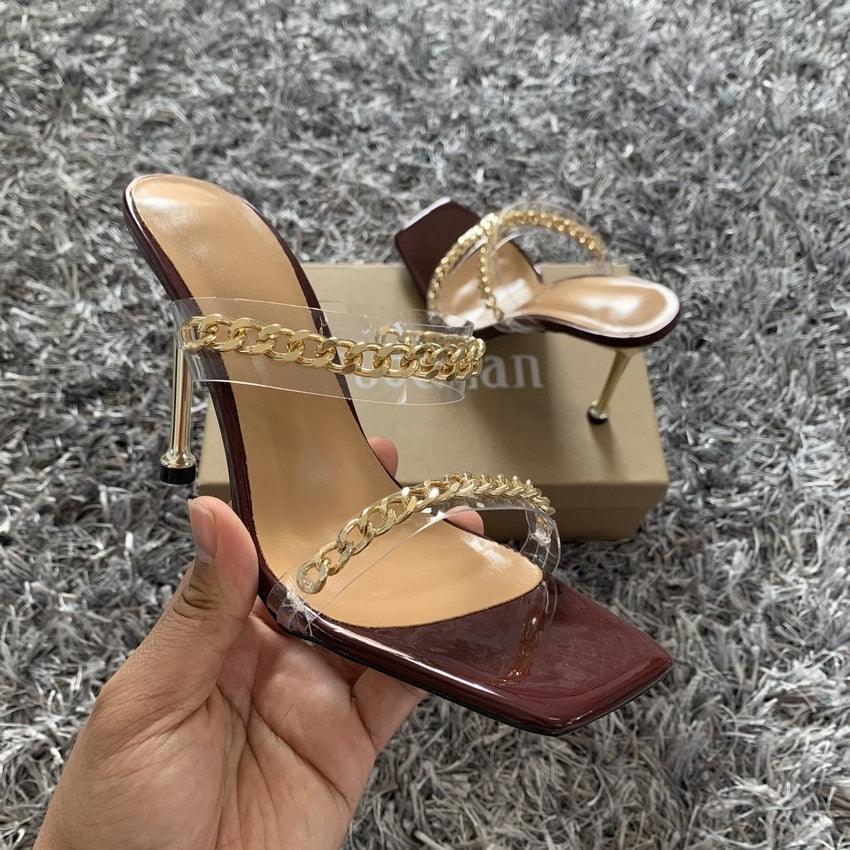 Fashion Chain Woman Open Toe Slip On Dress Luxury Backless Slides High Heels
