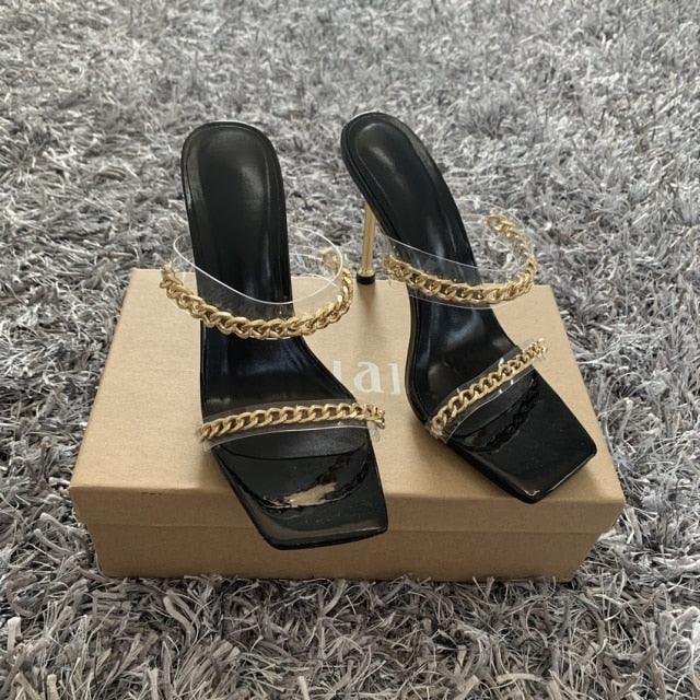 Fashion Chain Woman Open Toe Slip On Dress Luxury Backless Slides High Heels