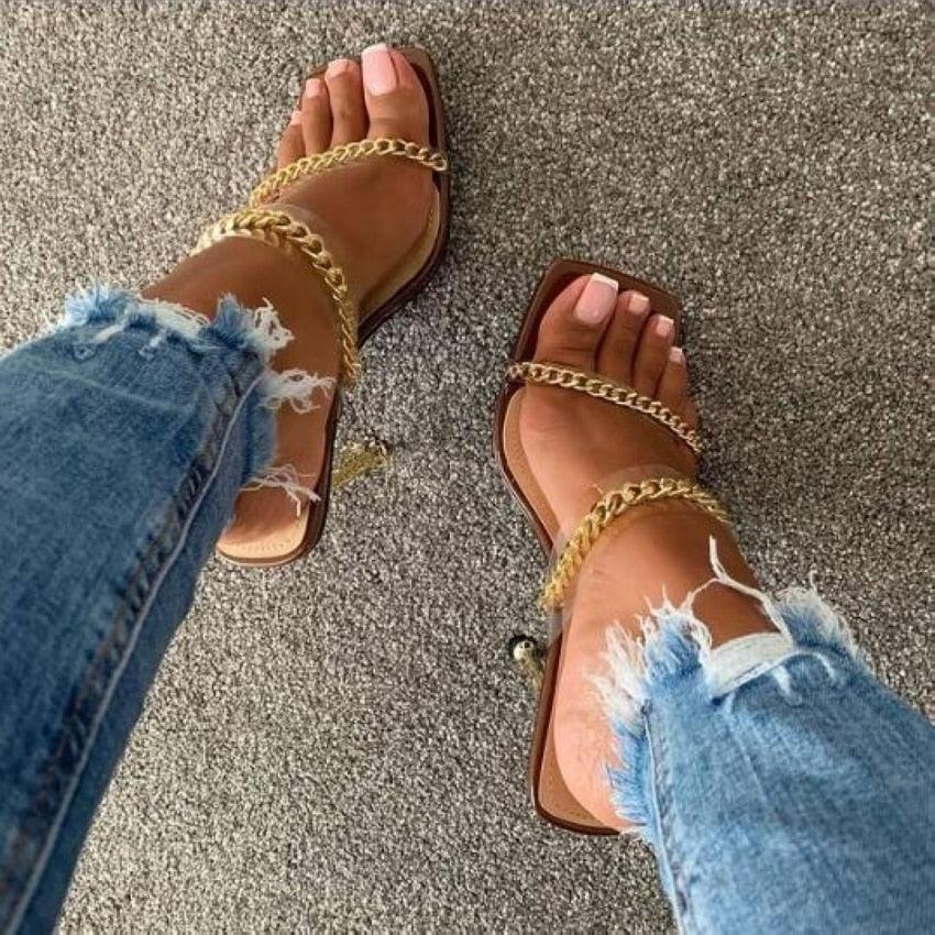 Fashion Chain Woman Open Toe Slip On Dress Luxury Backless Slides High Heels