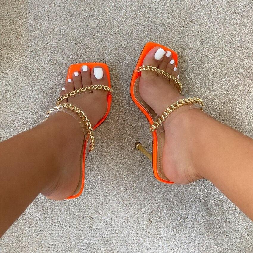 Fashion Chain Woman Open Toe Slip On Dress Luxury Backless Slides High Heels