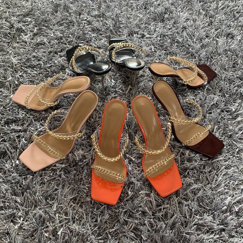 Fashion Chain Woman Open Toe Slip On Dress Luxury Backless Slides High Heels