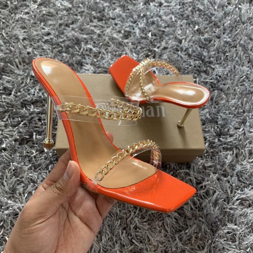 Fashion Chain Woman Open Toe Slip On Dress Luxury Backless Slides High Heels