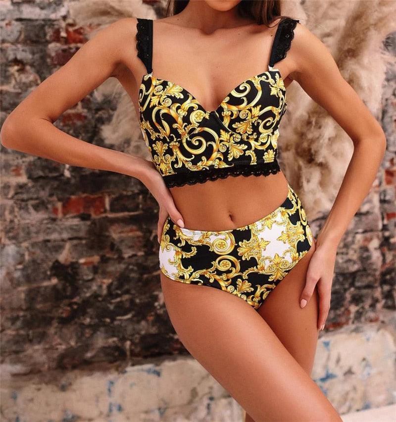Vintage Black Print Women's Bikini Set Women's Halter Beautiful Print High Waist Swimsuit