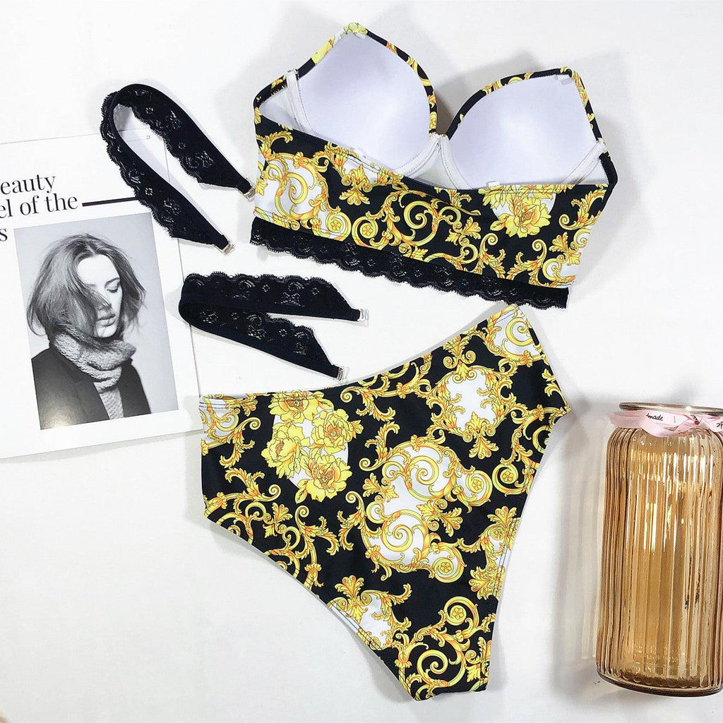 Vintage Black Print Women's Bikini Set Women's Halter Beautiful Print High Waist Swimsuit