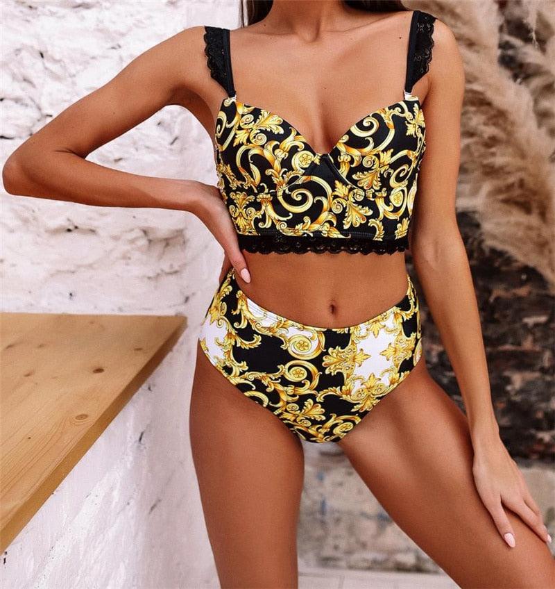 Vintage Black Print Women's Bikini Set Women's Halter Beautiful Print High Waist Swimsuit