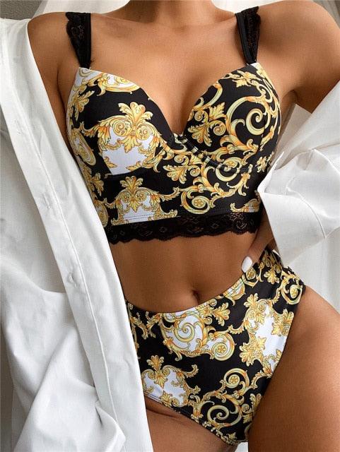 Vintage Black Print Women's Bikini Set Women's Halter Beautiful Print High Waist Swimsuit