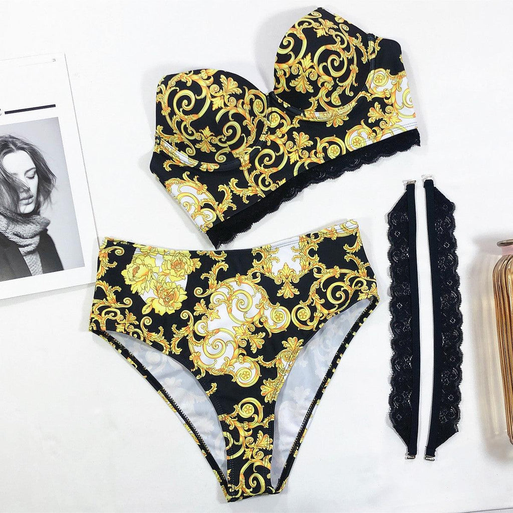 Vintage Black Print Women's Bikini Set Women's Halter Beautiful Print High Waist Swimsuit